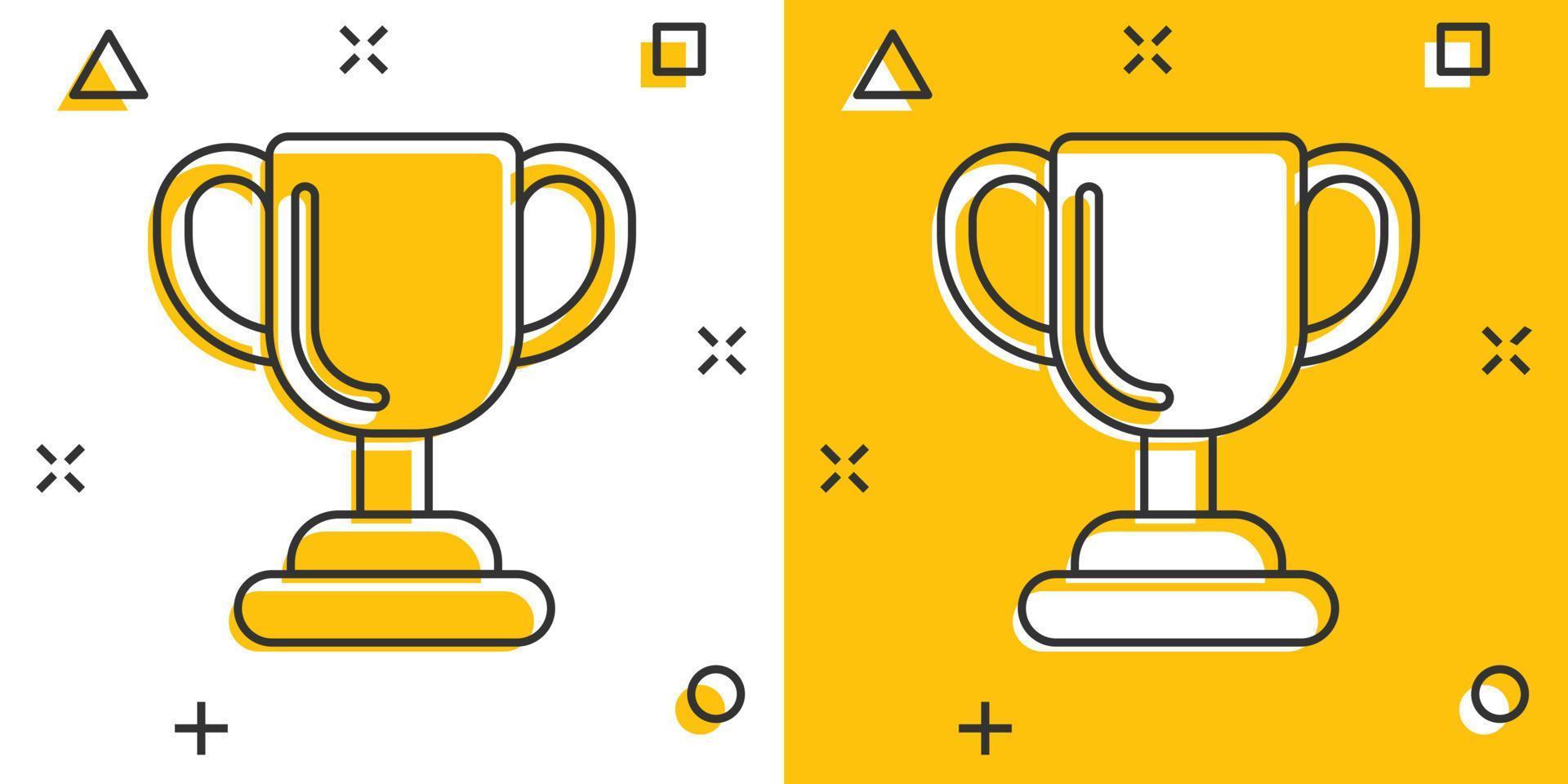 icono de copa de trofeo en estilo cómico. cáliz premio ilustración vectorial de dibujos animados sobre fondo aislado. concepto de negocio de signo de efecto de salpicadura de premio. vector