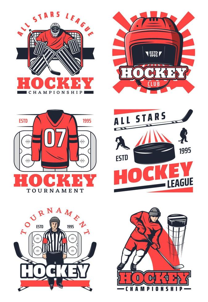 Ice hockey items and professional players icons vector