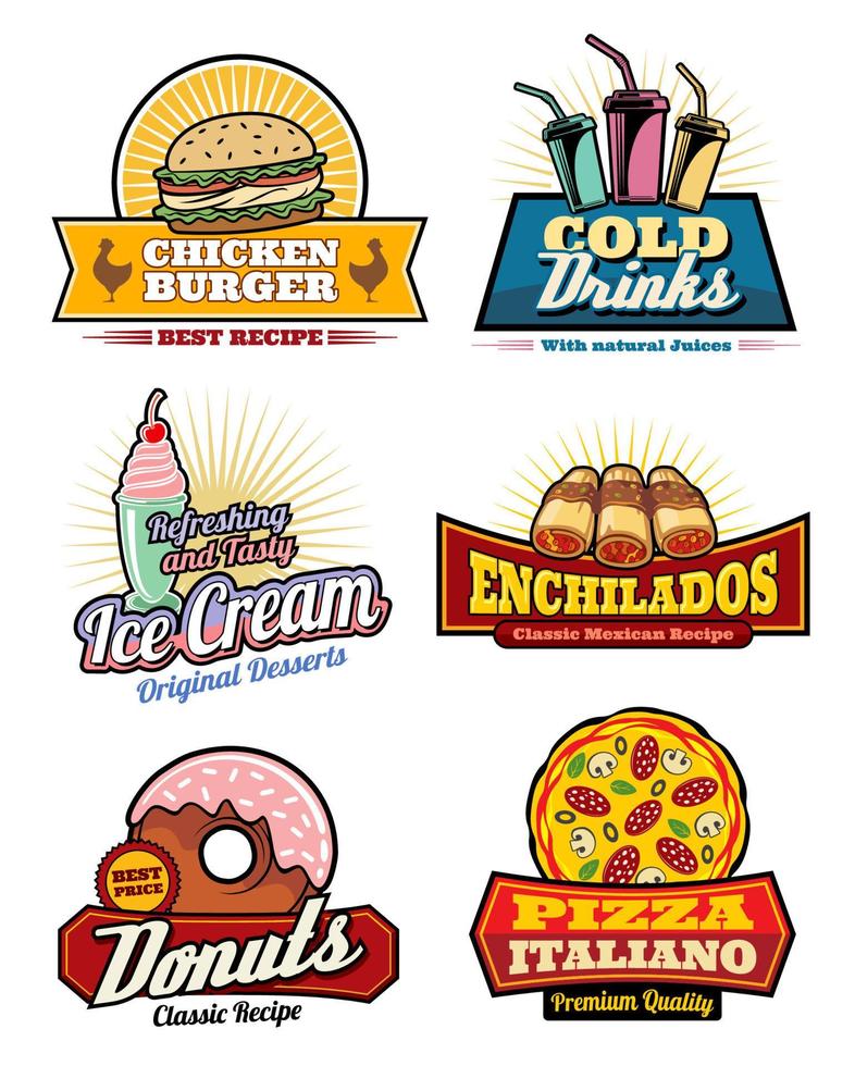 Vector fast food snacks, meas and desserts icons