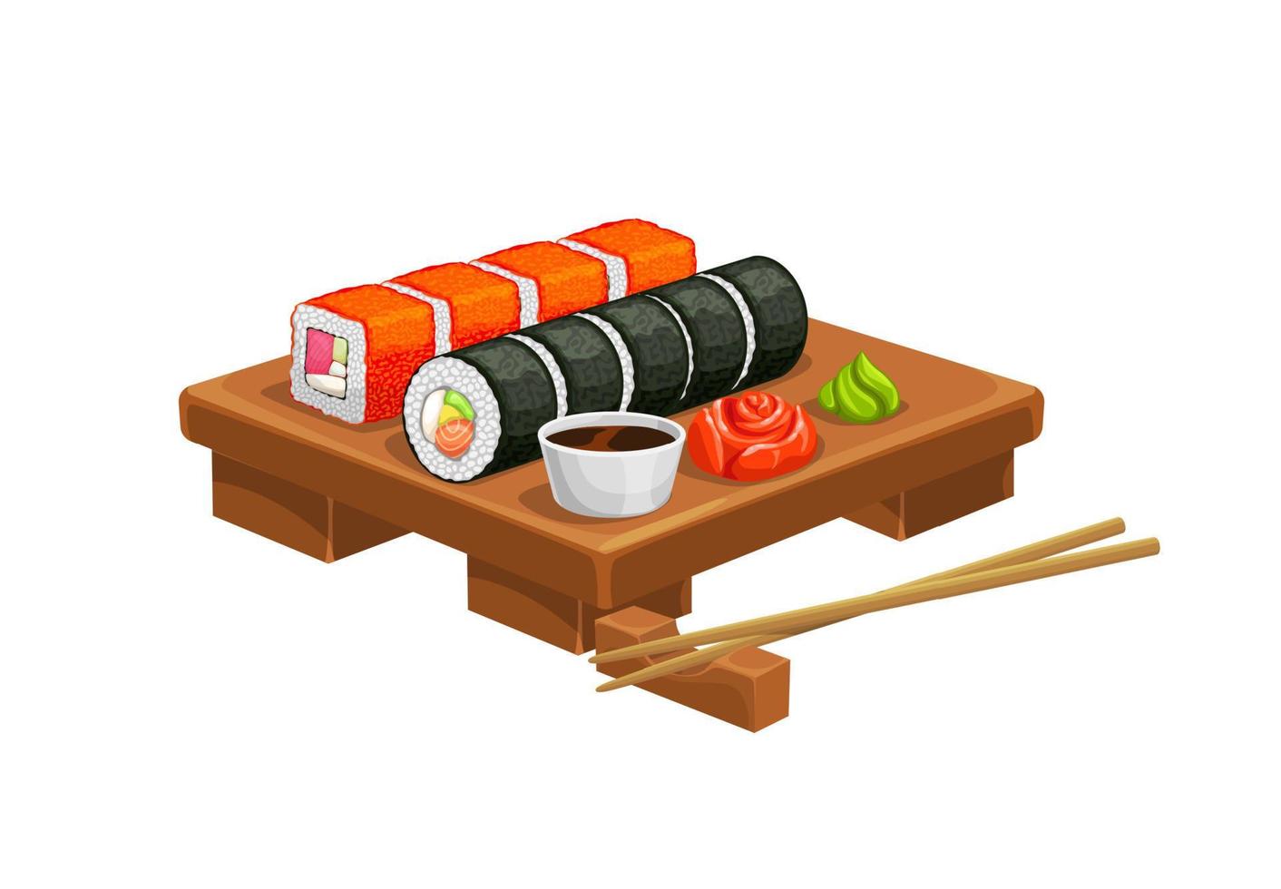 Cartoon japanese rolls, sauces and chopsticks vector