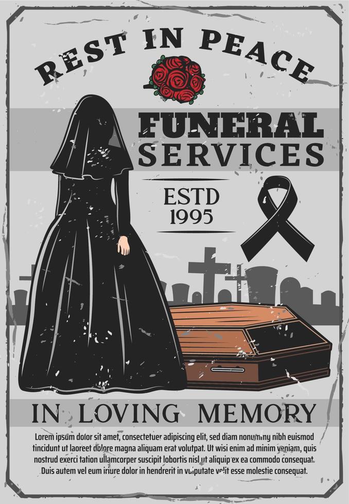 Widow and coffin, funeral service, interment vector