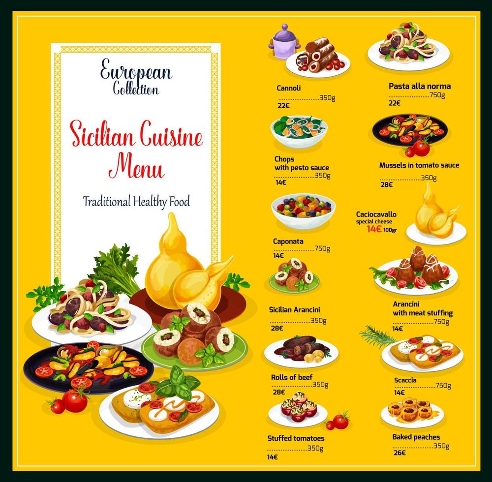 Sicilian cuisine traditional food dishes menu vector