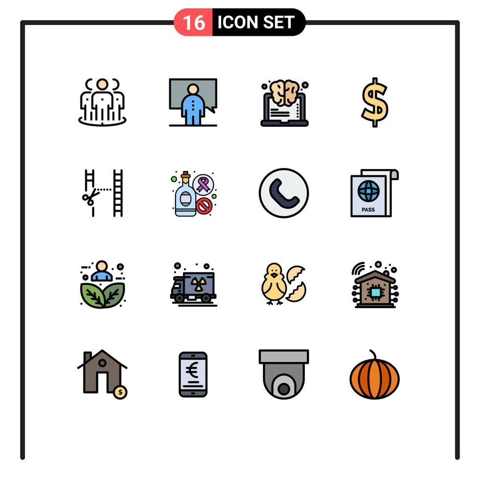 Pack of 16 Modern Flat Color Filled Lines Signs and Symbols for Web Print Media such as cinema dollar person currency success Editable Creative Vector Design Elements