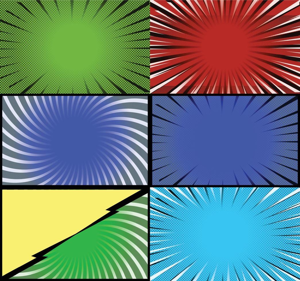 Comic book colorful frames background with halftone rays radial and dotted effects pop art style vector