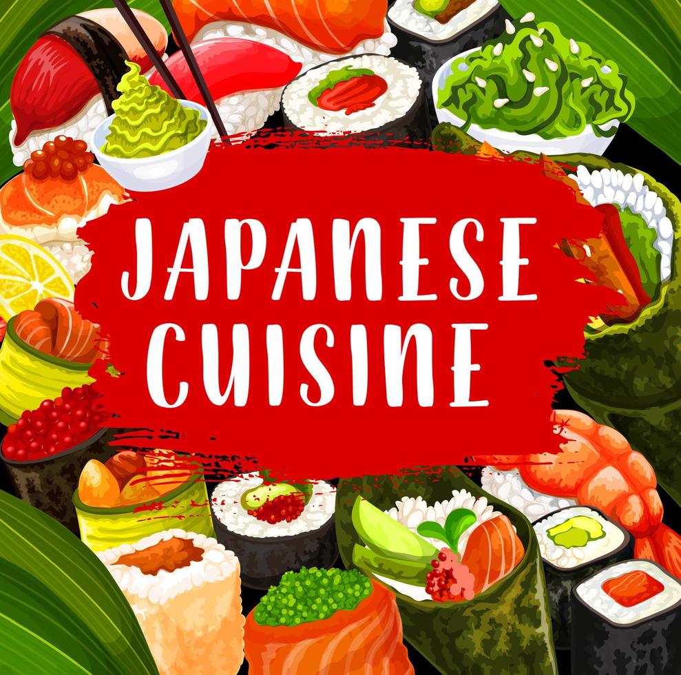 Japanese cuisine sushi, chopsticks and sauce vector