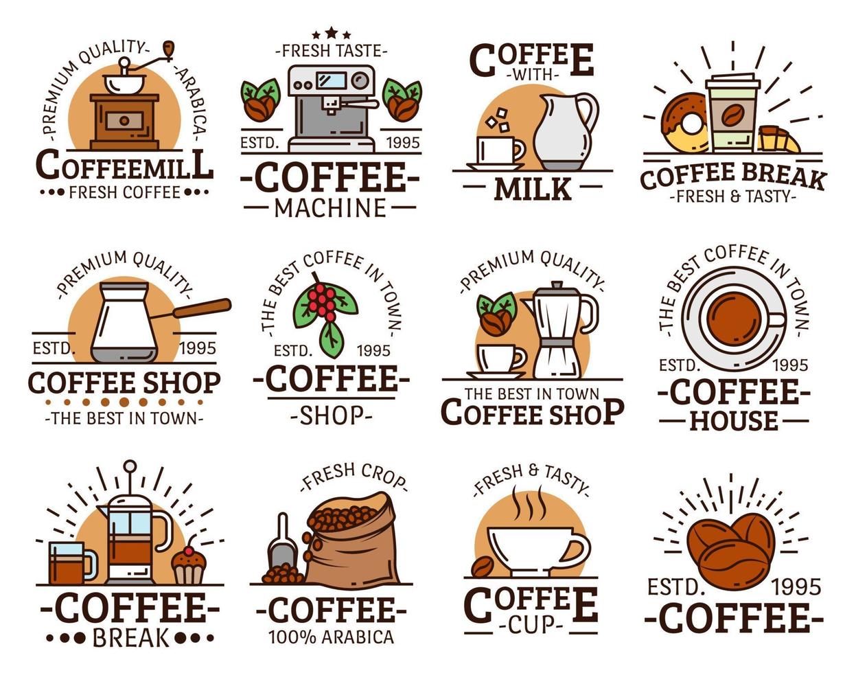 Coffee cups and mugs, espresso machine, grinder vector