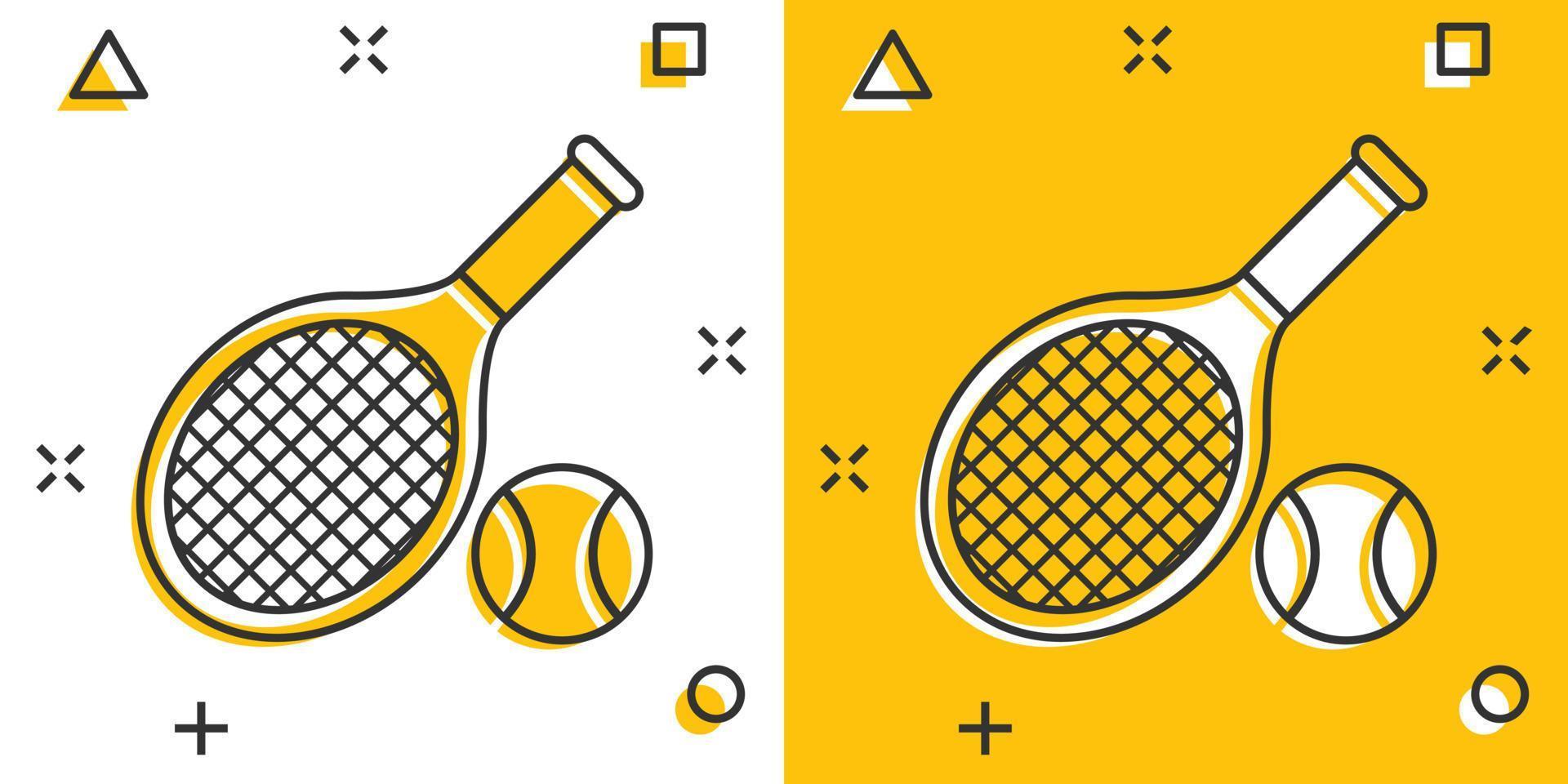 icono de raqueta de tenis en estilo cómico. Ilustración de vector de dibujos animados de raqueta de juego sobre fondo aislado. concepto de negocio de signo de efecto de salpicadura de actividad deportiva.