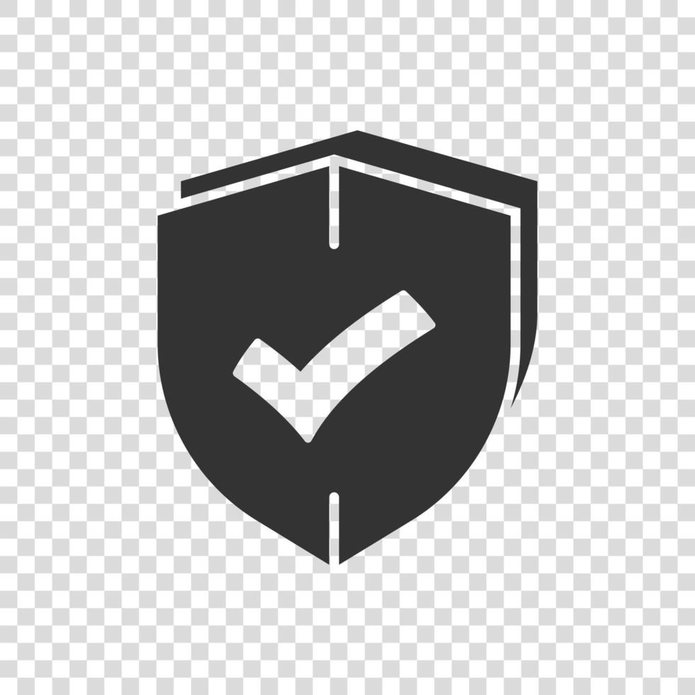 Shield with check mark icon in flat style. Protect vector illustration on white isolated background. Checkmark guard business concept.