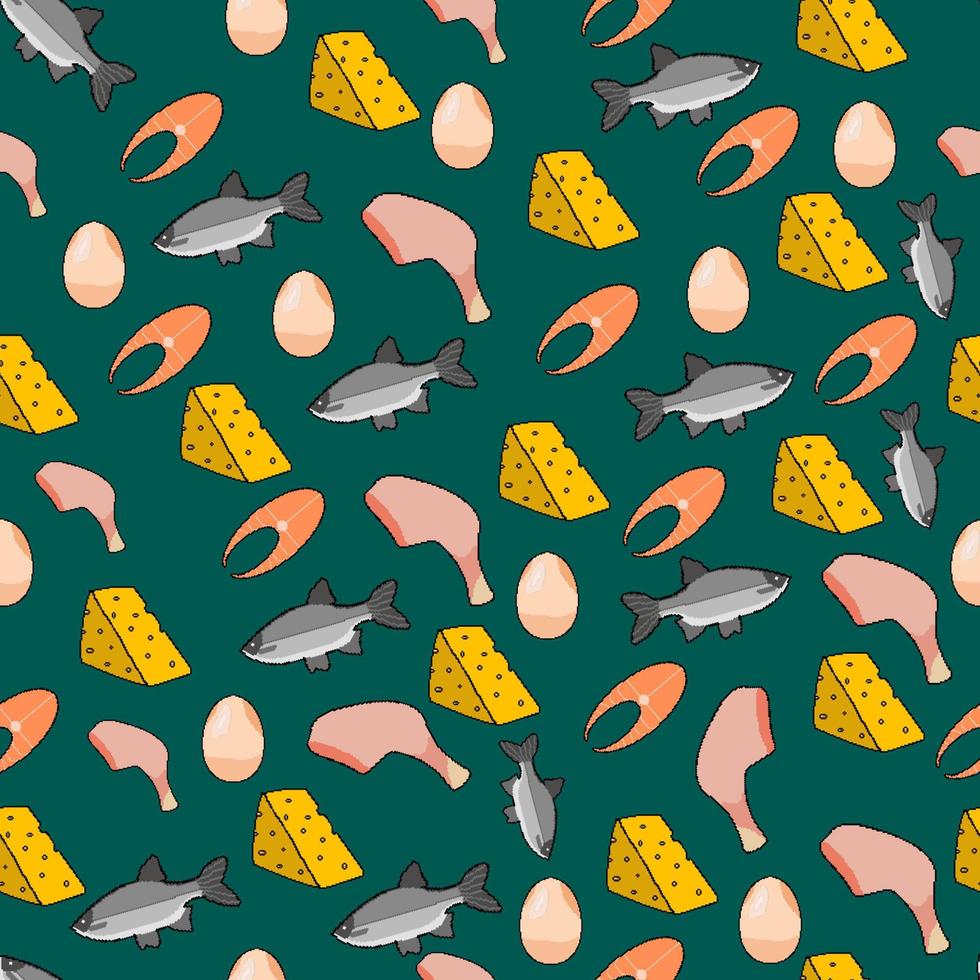 pixel pattern of icons of animal products for proper nutrition on a green background vector