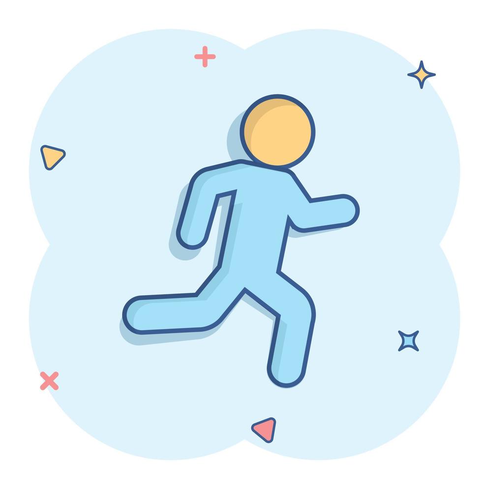 gente corriendo icono de signo en estilo cómico. ejecutar silueta vector ilustración de dibujos animados sobre fondo blanco aislado. efecto de salpicadura de concepto de negocio de jogging de movimiento.