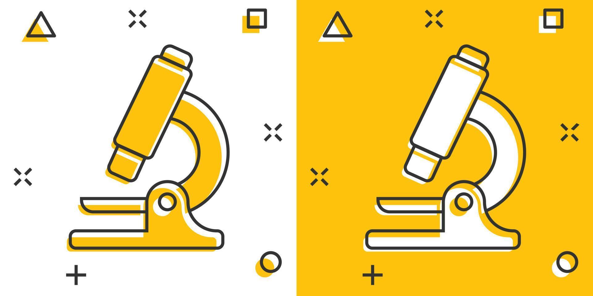 Microscope icon in comic style. Laboratory magnifier cartoon vector illustration on isolated background. Biology instrument splash effect sign business concept.