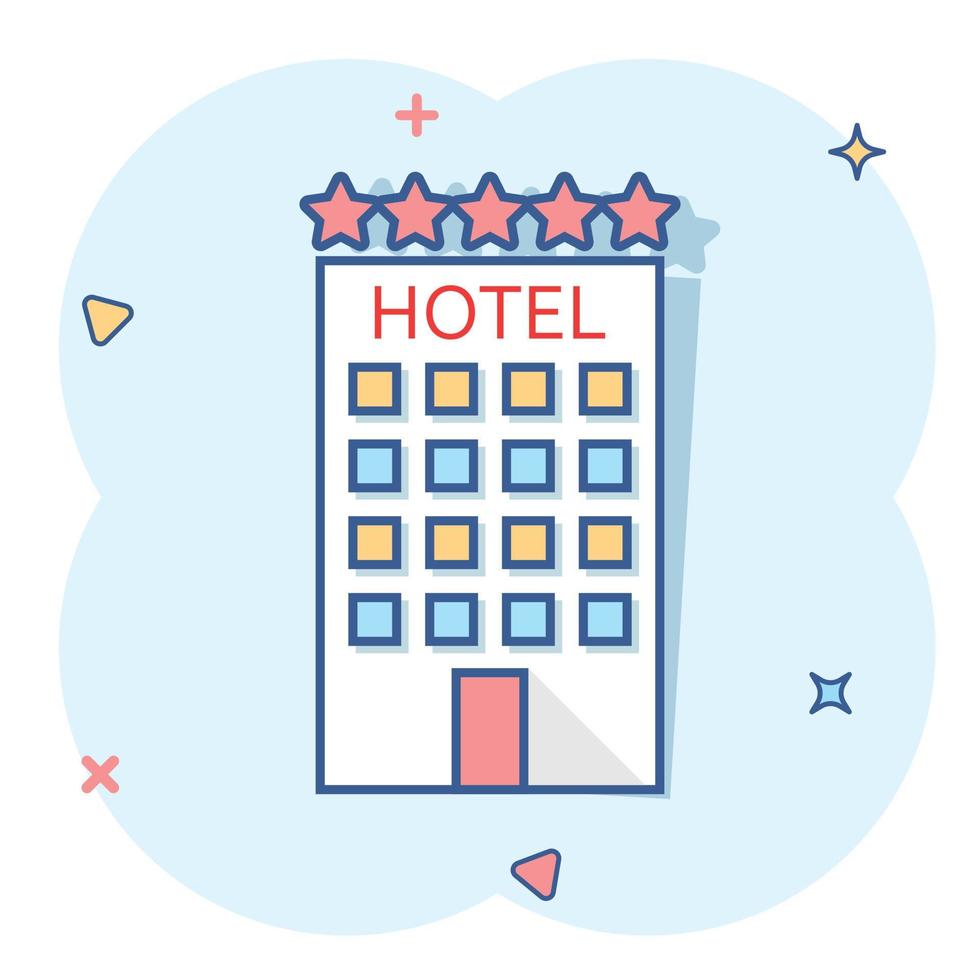 Vector cartoon hotel icon in comic style. Tower sign illustration pictogram. Hotel apartment business splash effect concept.