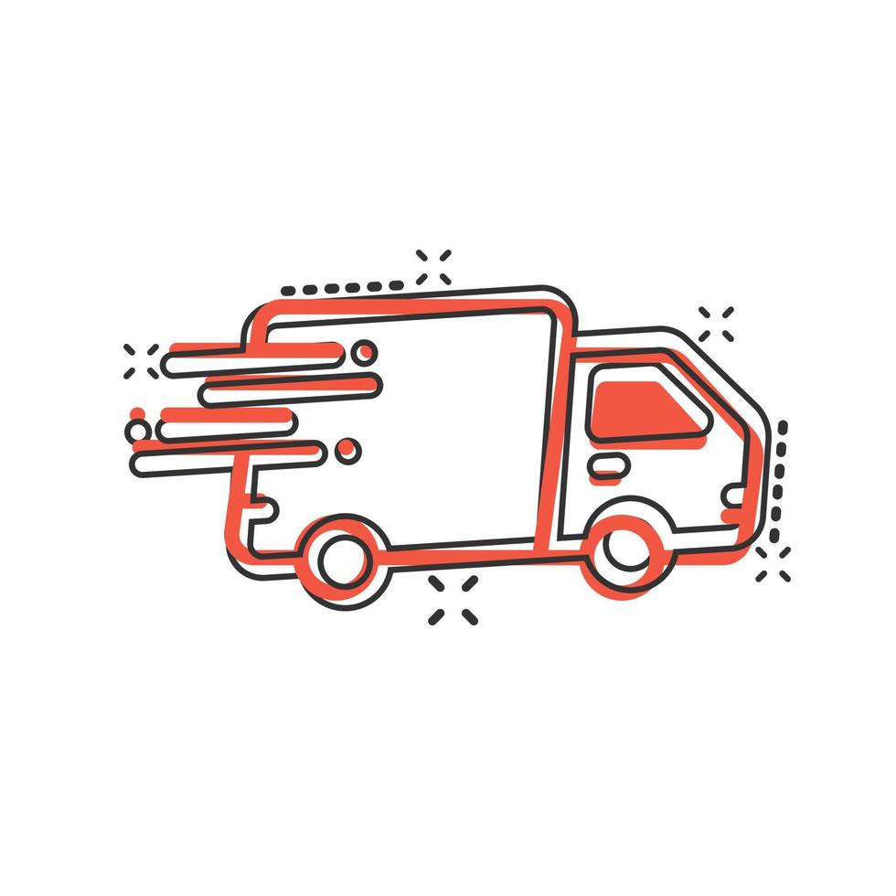 Shipping fast icon in comic style. Delivery truck cartoon vector illustration on isolated background. Express logistic splash effect sign business concept.