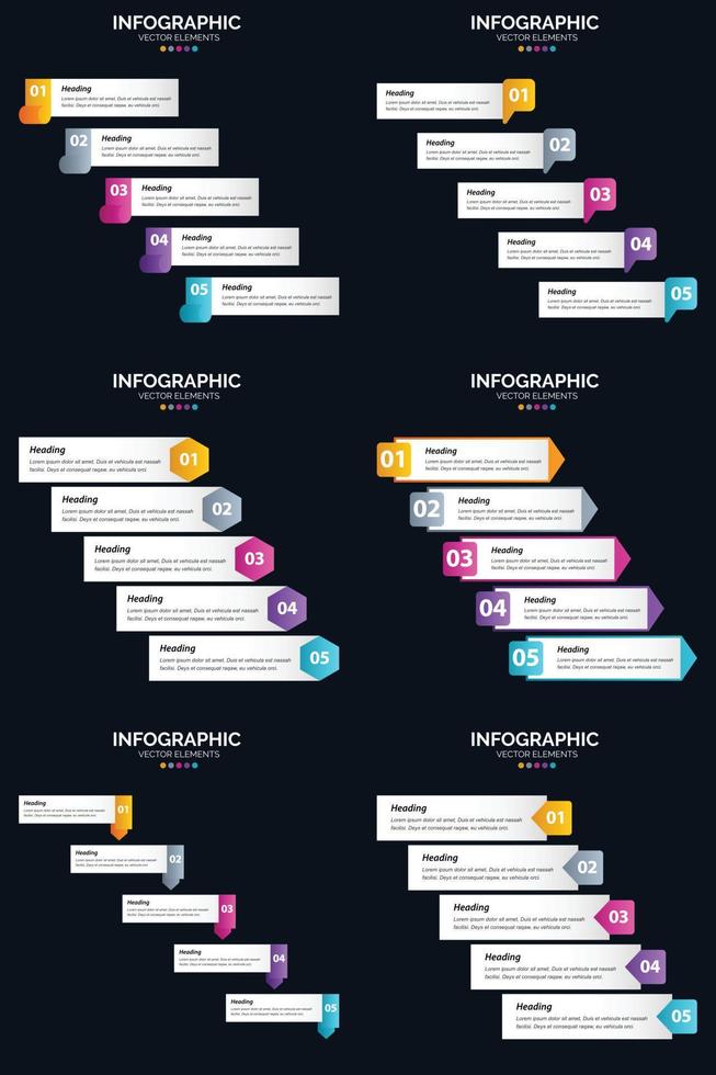 Vector 6 Infographics Pack Presentation slide template 5 Steps cycle diagrams and timelines