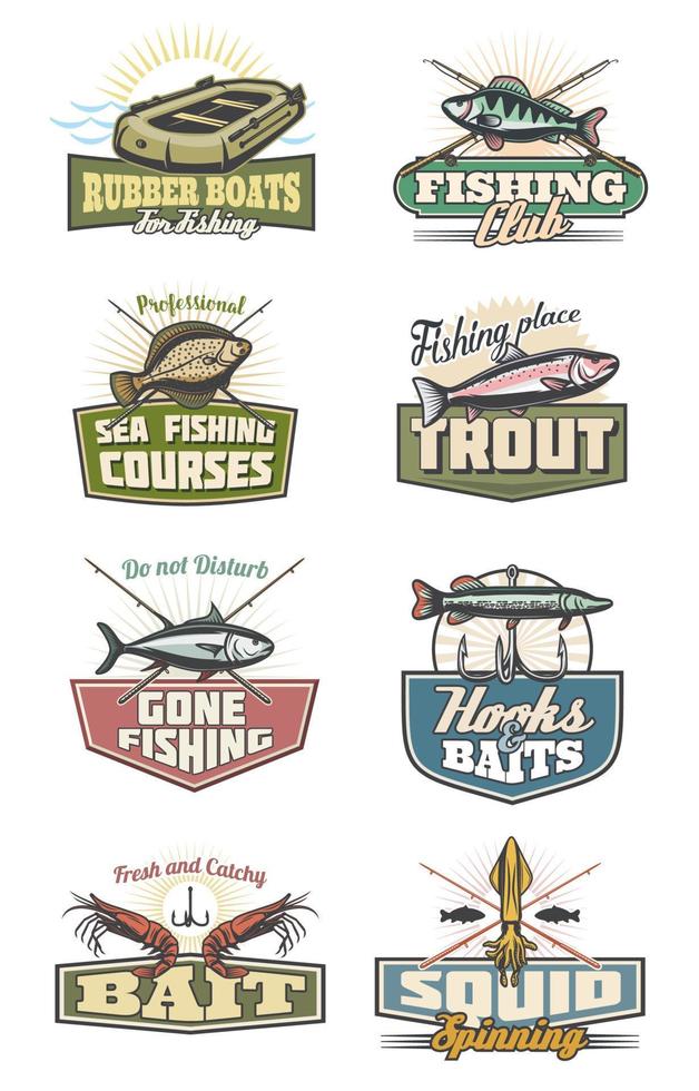 Fishing club and fisher equipment vector icons