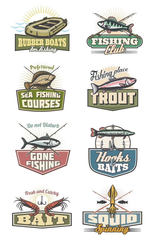 iconos de vector de equipo de pesca y club de pesca