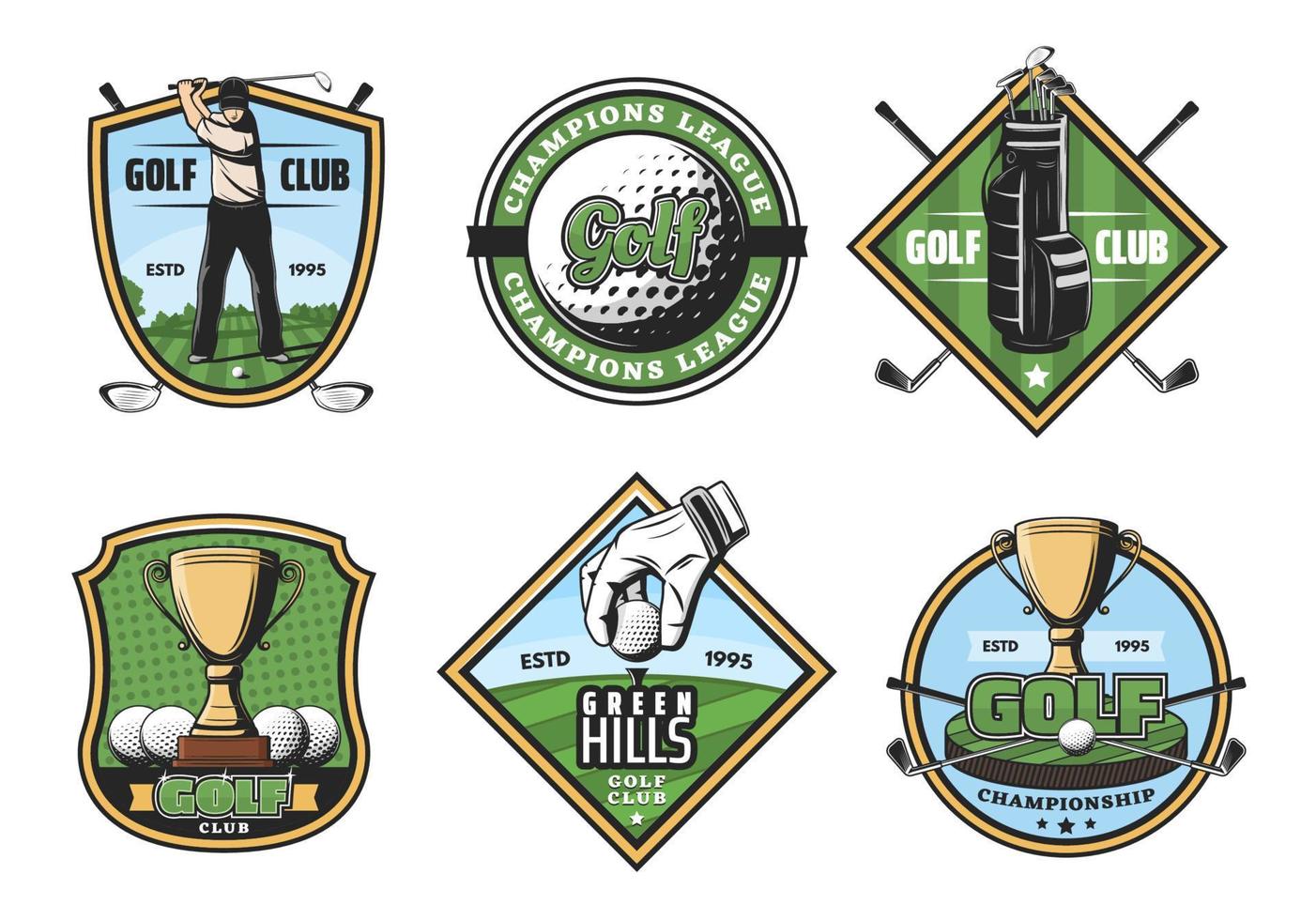iconos de juego de golf con artículos deportivos y jugador o copa vector