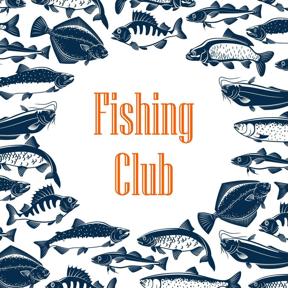 Fishing club poster with fishes in pattern frame vector