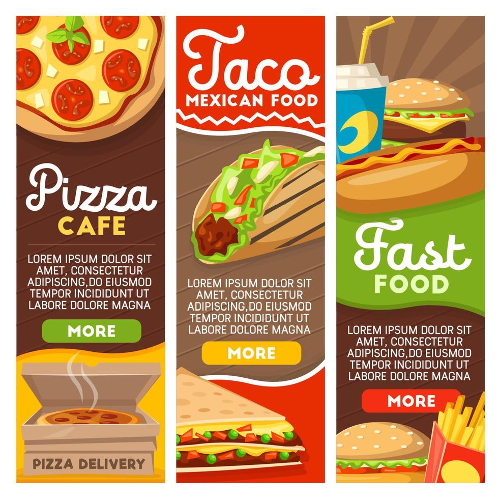 menú de entrega de pizza de comida rápida y tacos mexicanos vector