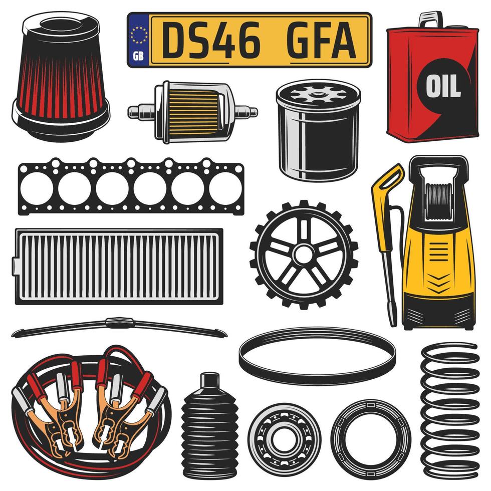 Car spare parts, engine details and motor oil vector