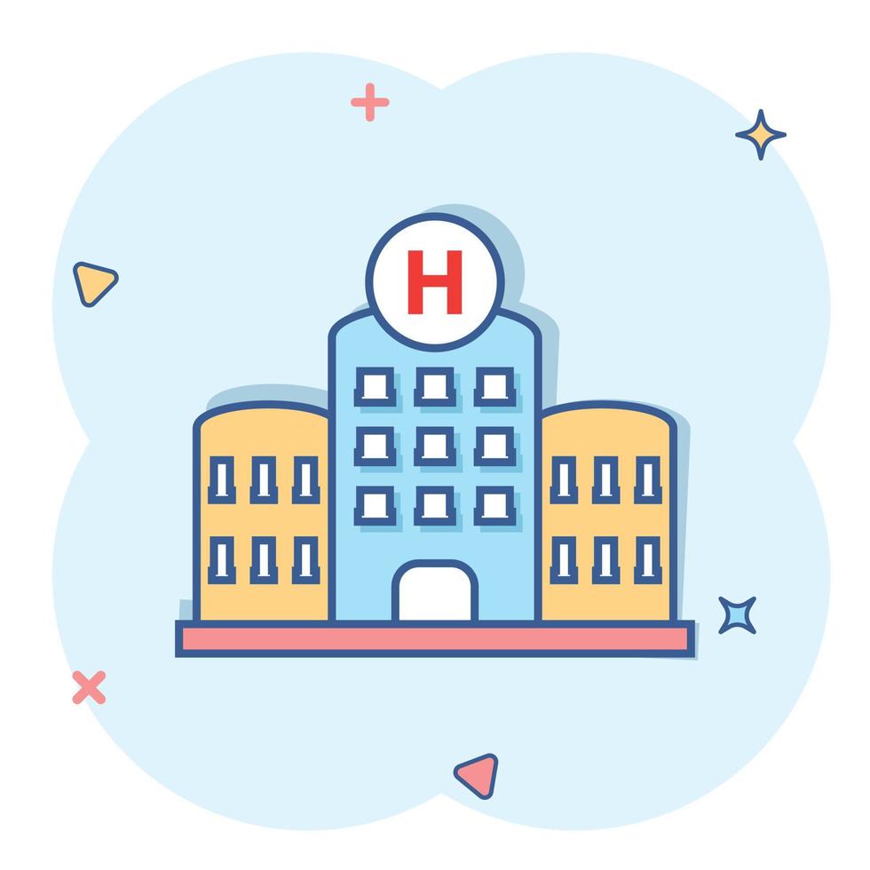 icono del edificio del hospital en estilo cómico. ilustración de dibujos animados de vector de enfermería sobre fondo blanco aislado. efecto de salpicadura de concepto de negocio de ambulancia médica.