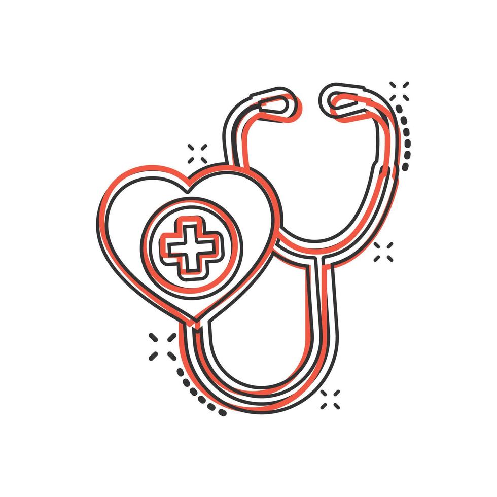 icono de estetoscopio en estilo cómico. ilustración de vector de dibujos animados de diagnóstico de corazón sobre fondo aislado. concepto de negocio de signo de efecto de salpicadura de medicina.