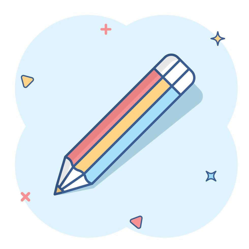 Pencil with rubber eraser icon in comic style. Highlighter vector cartoon illustration pictogram. Pencil business concept splash effect.