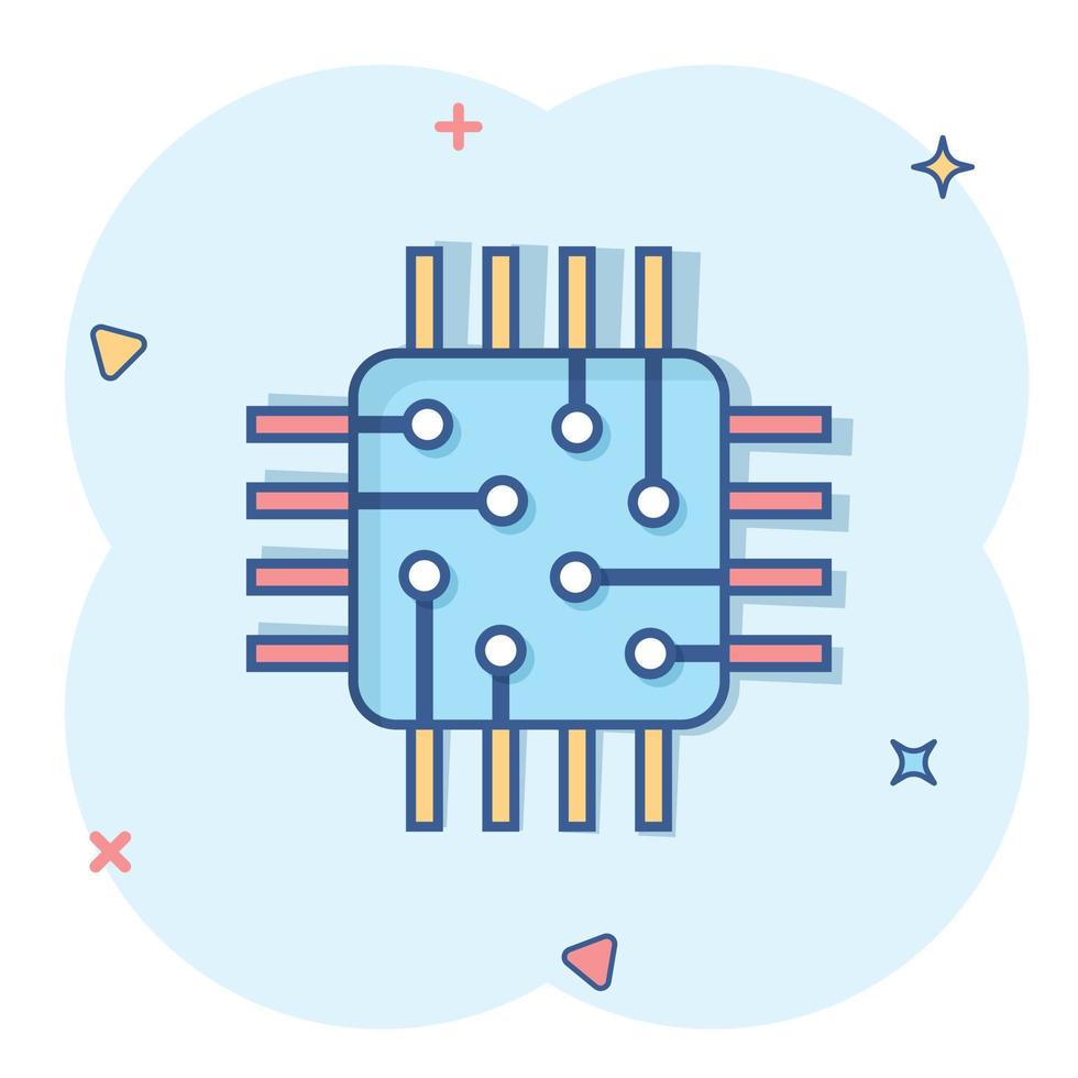 icono de cpu de computadora en estilo cómico. ilustración de vector de dibujos animados de placa de circuito sobre fondo blanco aislado. concepto de negocio de efecto de salpicadura de chip de placa base.