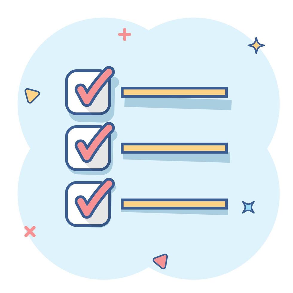 Vector cartoon to do list icon in comic style. Checklist, task list sign illustration pictogram. Reminder business splash effect concept.
