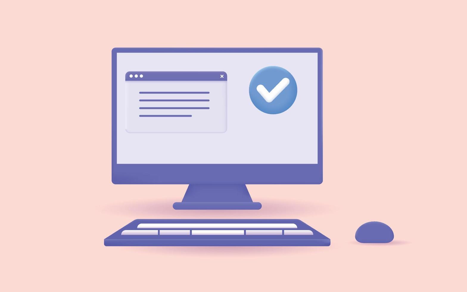 3d computadora y marca de verificación icono. icono aprobado. archivo, lista de verificación, documento, formulario, plan. documento aceptando y firmando oferta vector