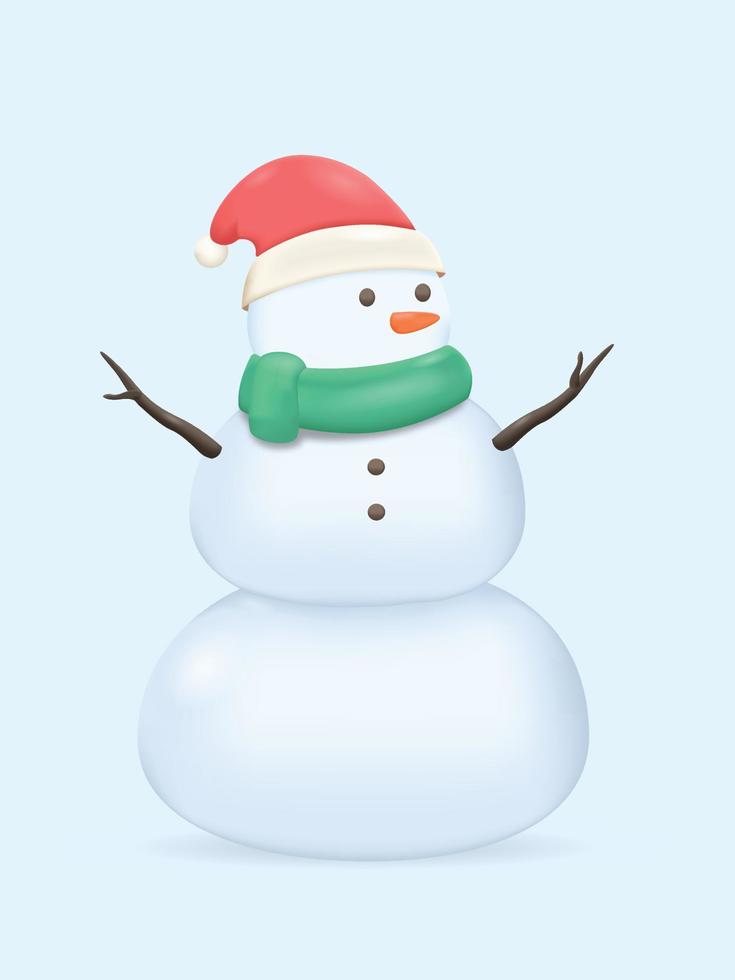 Muñeco de nieve lindo 3D con sombrero de Navidad. ilustración del muñeco de nieve con un silenciador verde y un sombrero de santa vector