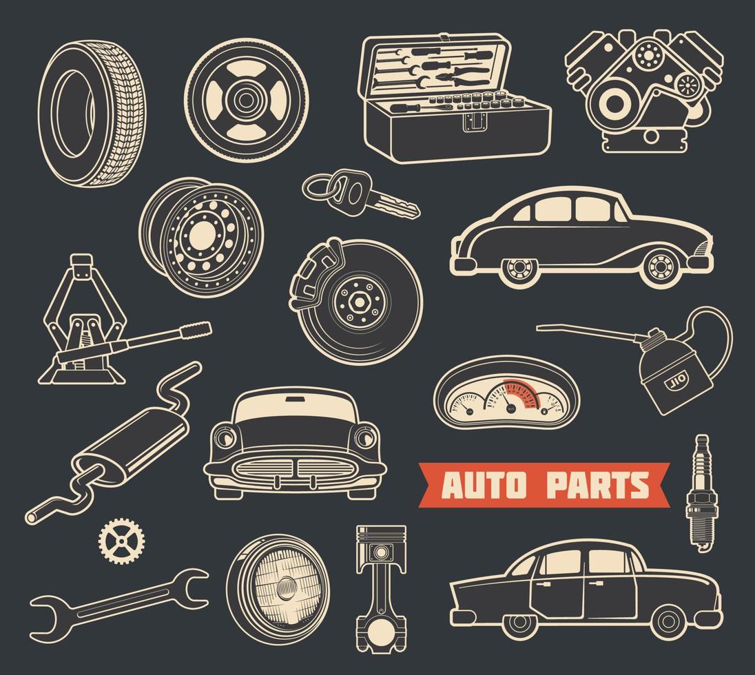 Auto parts retro symbols with vintage car details vector