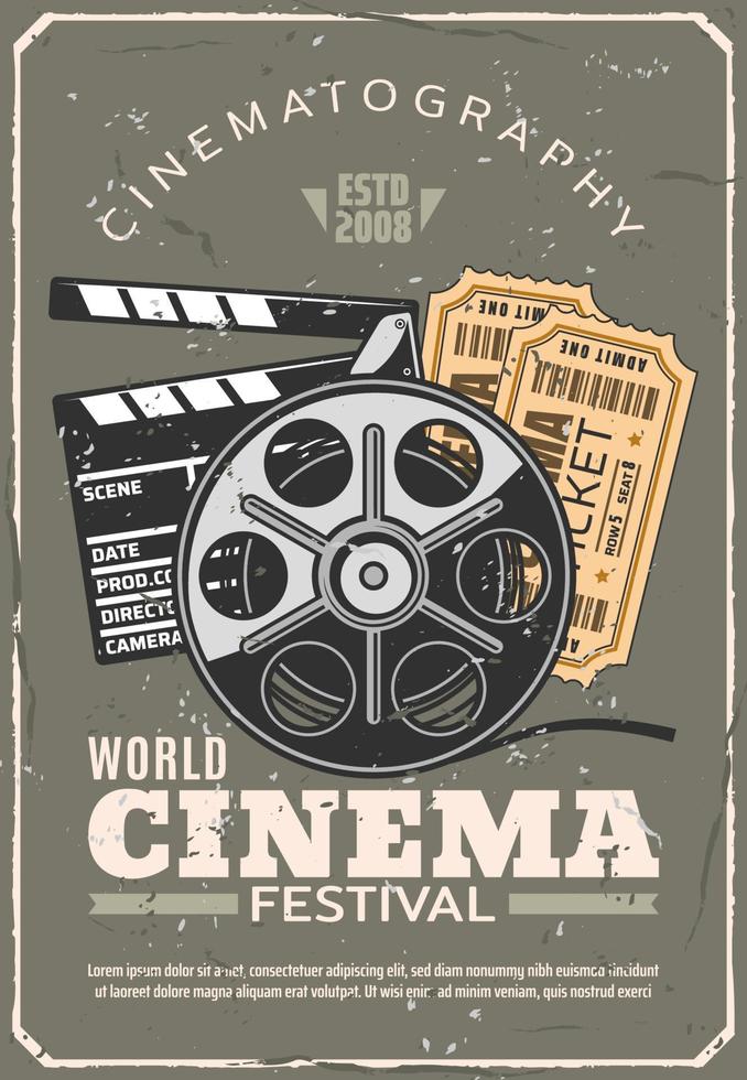 Cinema festival retro poster, film and tickets vector