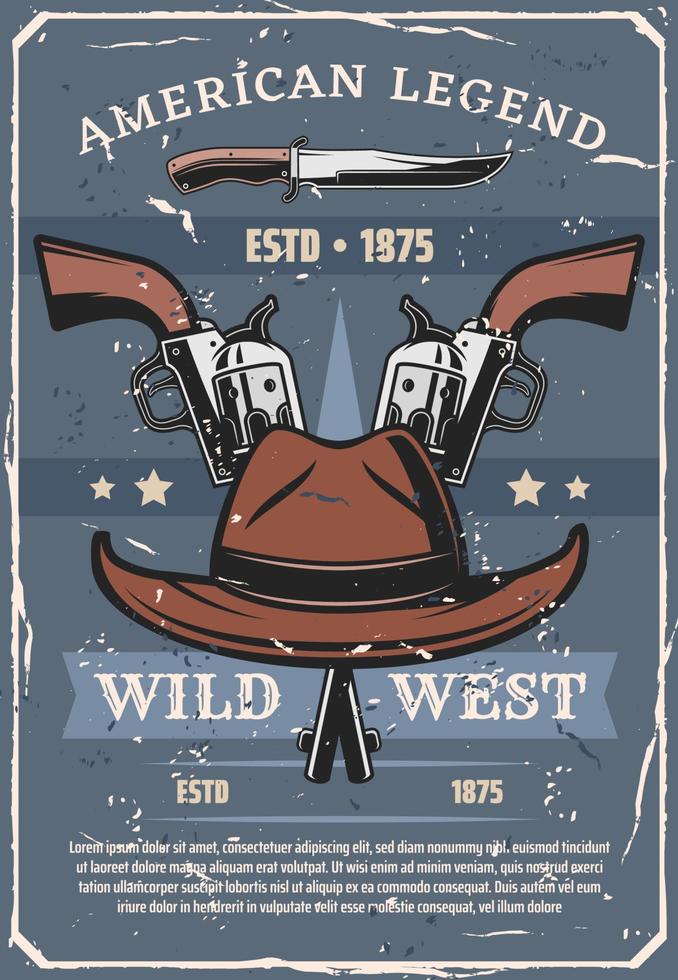 Wild West sheriff or western cowboy guns and hat vector