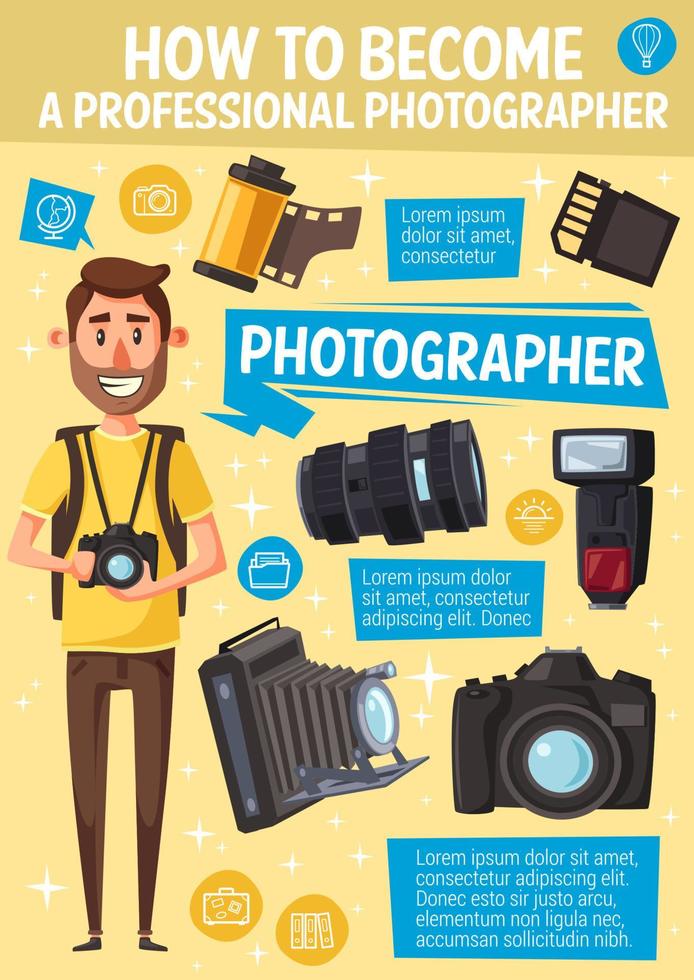 Cartoon photographer, camera and equipment vector