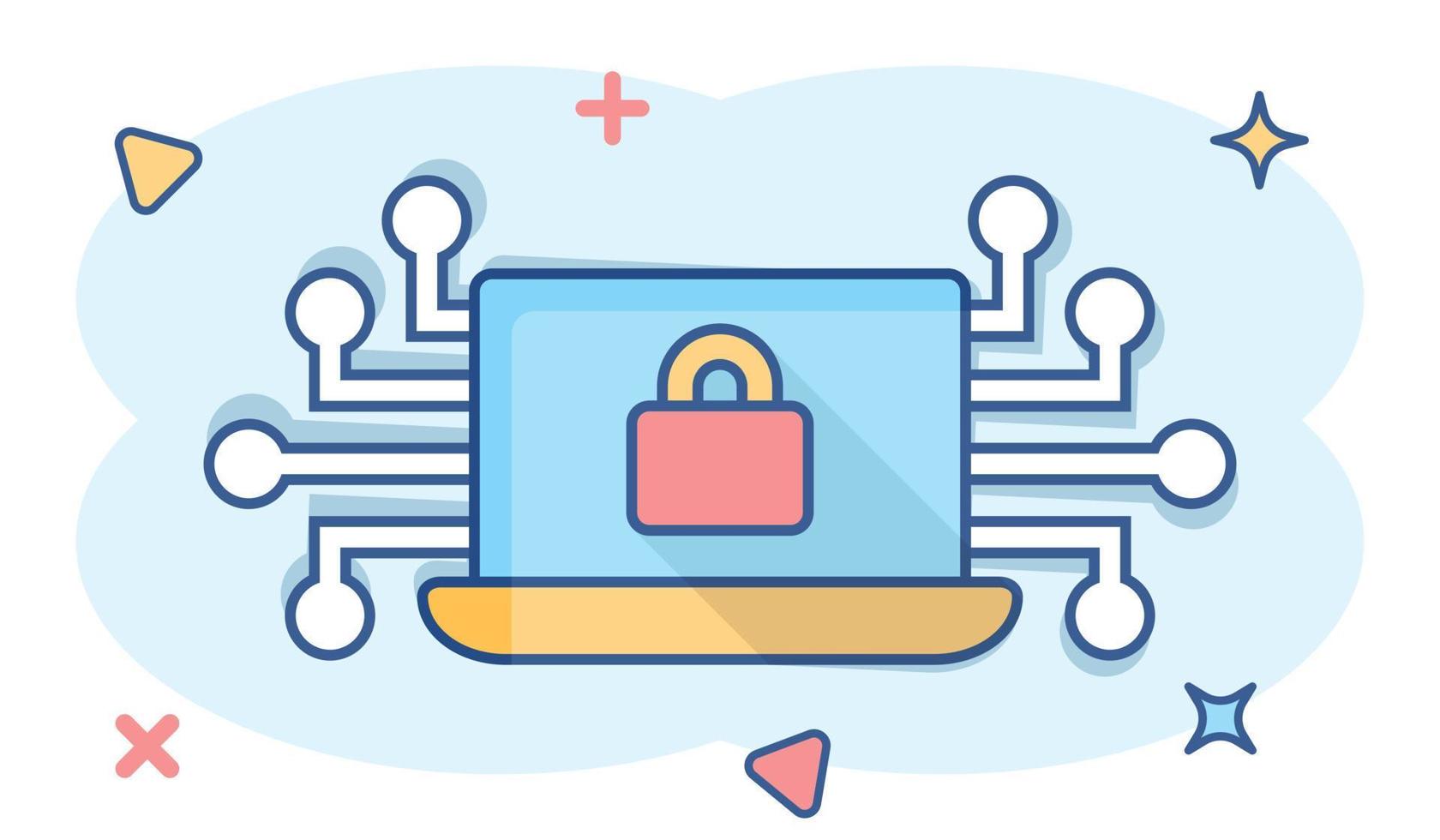 Cyber security icon in comic style. Padlock locked vector cartoon illustration on white isolated background. Laptop business concept splash effect.