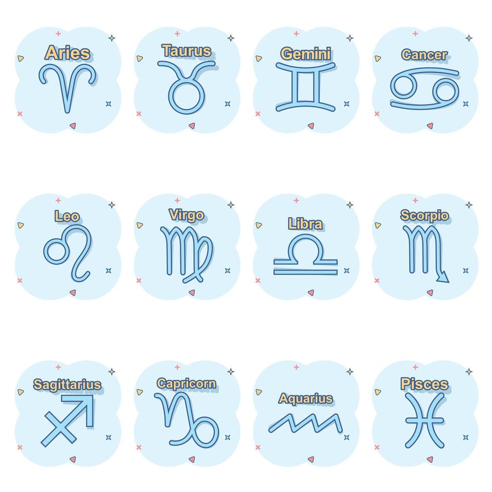 Vector cartoon zodiac icon set in comic style. Astrology signs illustration pictogram. Astrological horoscope business splash effect concept.