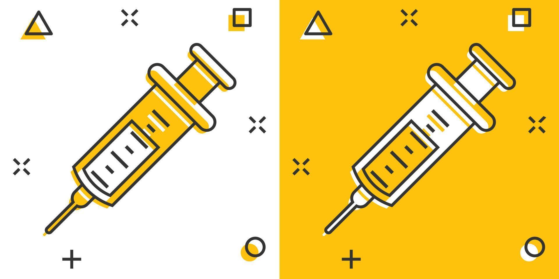 Syringe icon in comic style. Coronavirus vaccine inject cartoon vector illustration on isolated background. Covid-19 vaccination splash effect sign business concept.