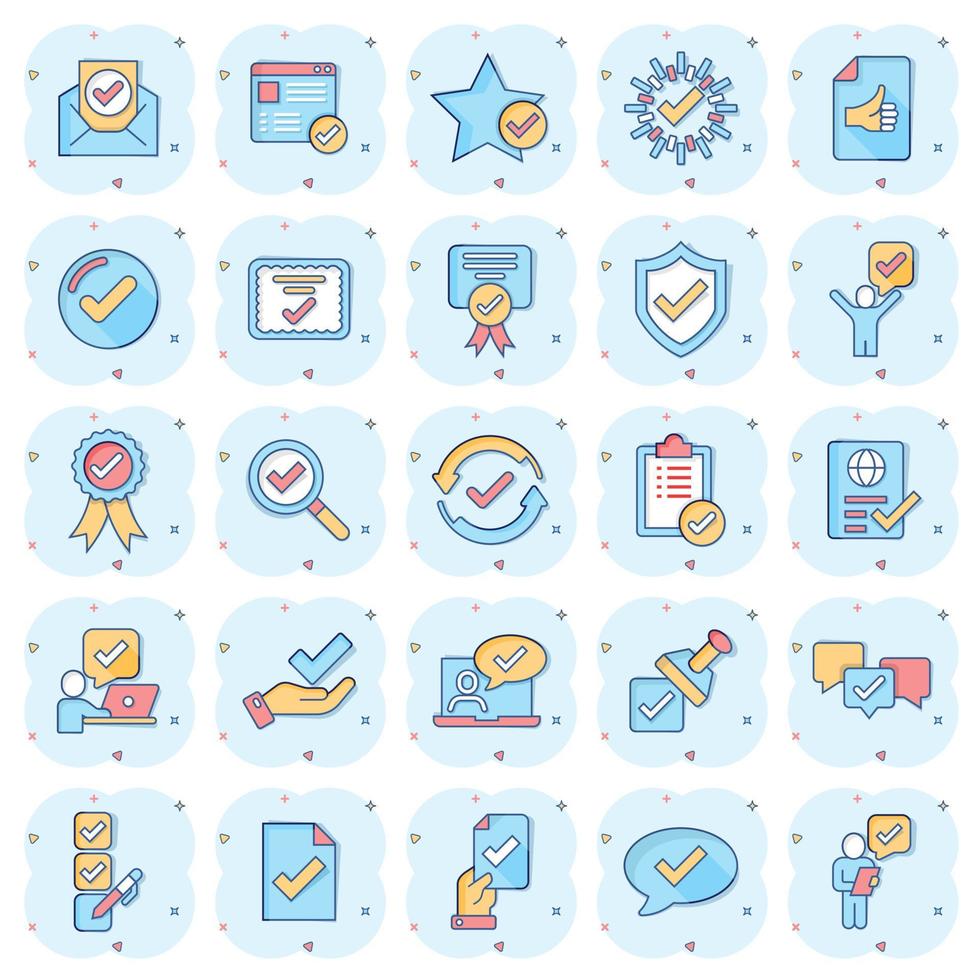 Approve icon set in comic style. Check mark cartoon vector illustration on white isolated background. Tick accepted splash effect business concept.