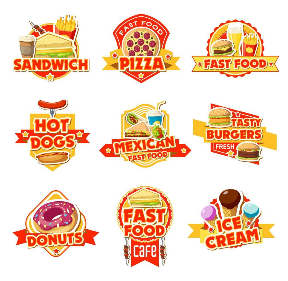 Fast food labels of burgers, drinks and dessert vector