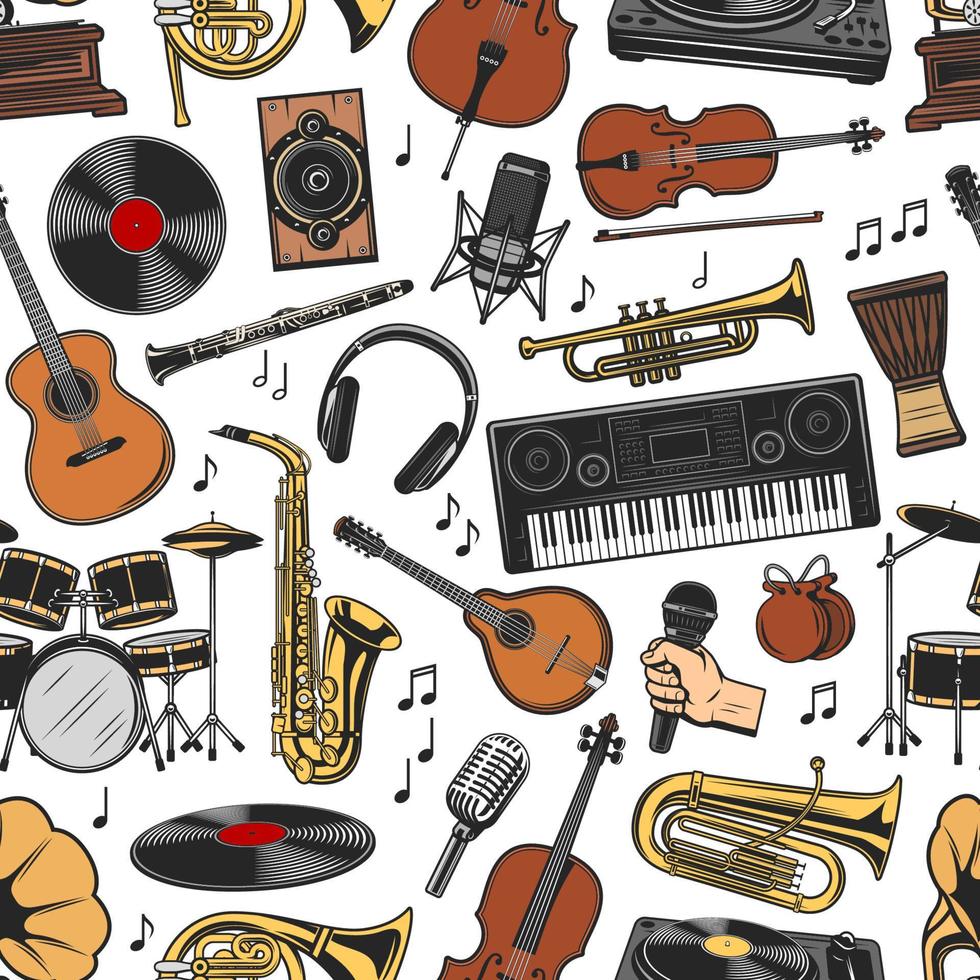 Musical instruments and equipment seamless pattern vector