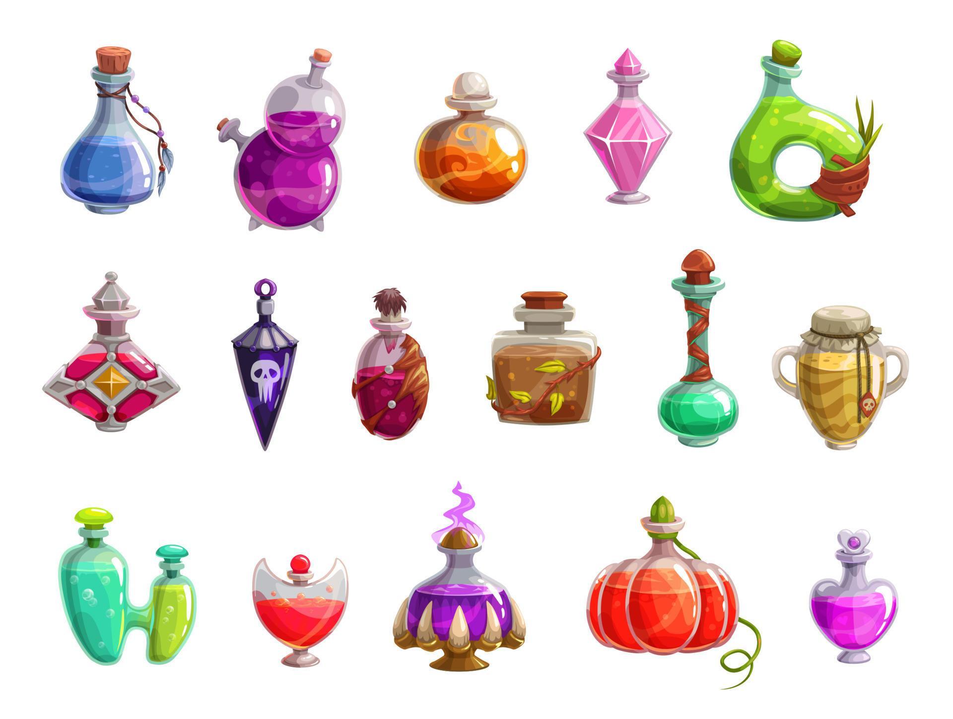 Potion bottles with magic liquid elixir of witch 16140149 Vector Art at