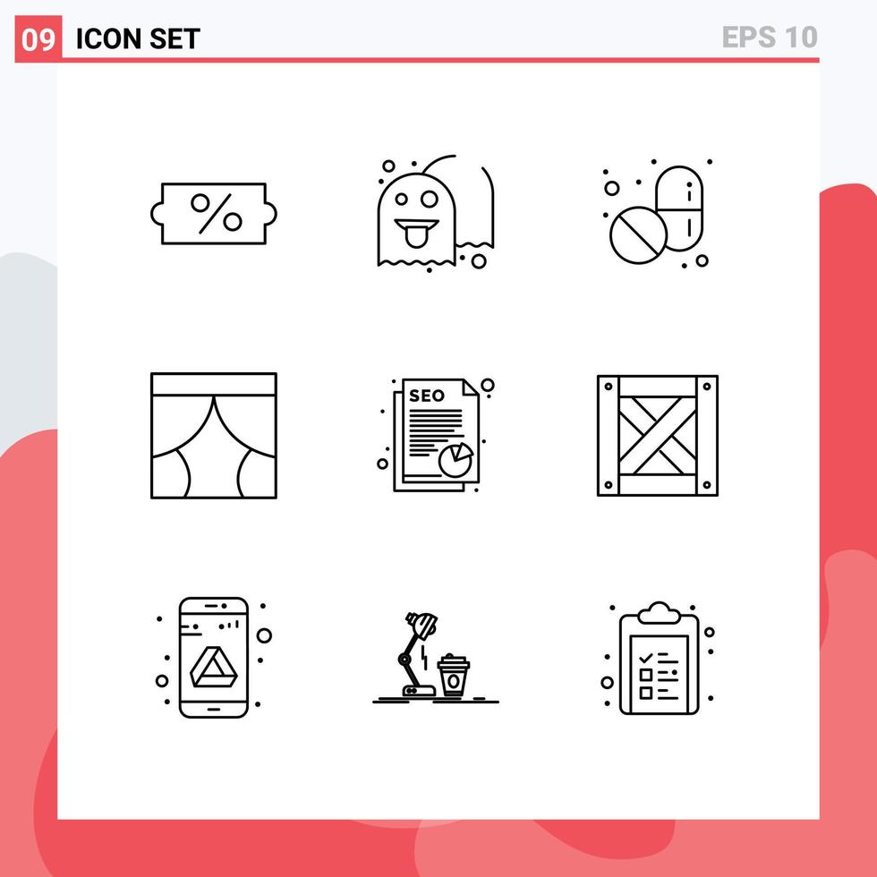 Outline Pack of 9 Universal Symbols of seo document pills window stage Editable Vector Design Elements