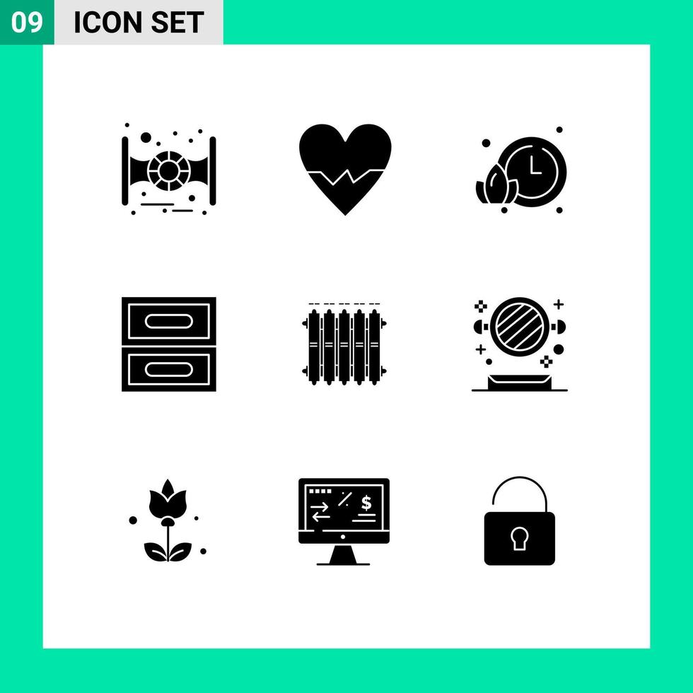 Modern Set of 9 Solid Glyphs and symbols such as heat battery time heating drawer Editable Vector Design Elements