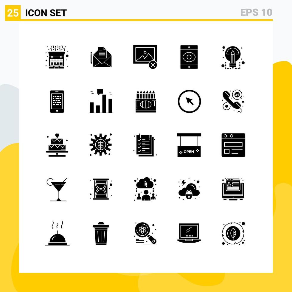 Pack of 25 Modern Solid Glyphs Signs and Symbols for Web Print Media such as sharing ideas delete creative spy Editable Vector Design Elements