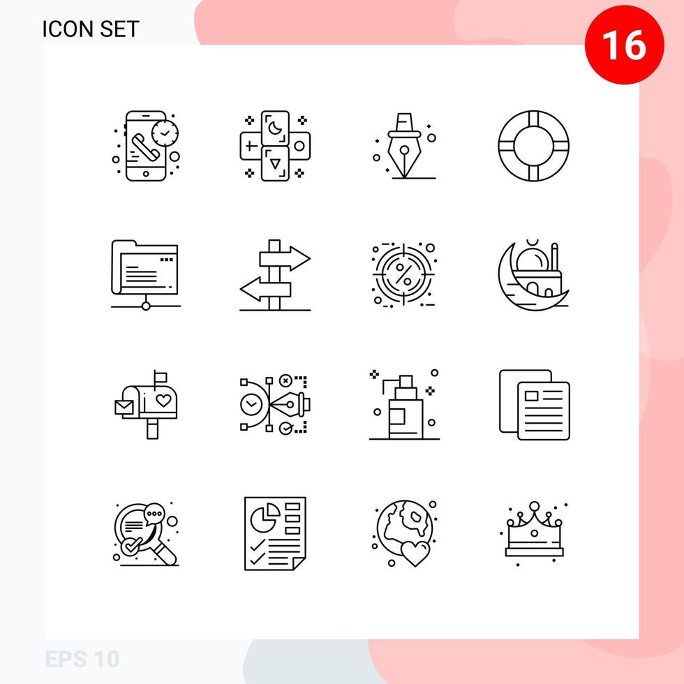 16 Universal Outlines Set for Web and Mobile Applications server data zodiac lifebuoy insurance Editable Vector Design Elements