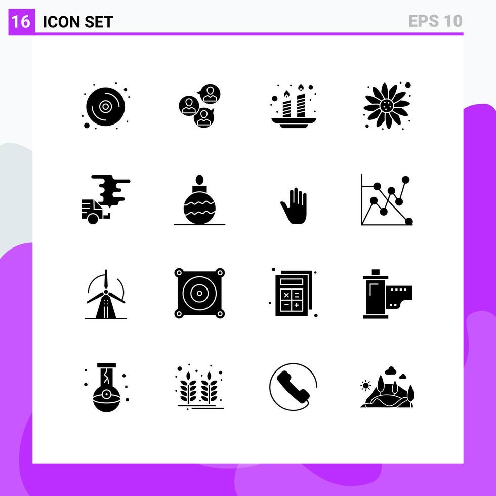 Set of 16 Commercial Solid Glyphs pack for car sun flower modern flower light Editable Vector Design Elements