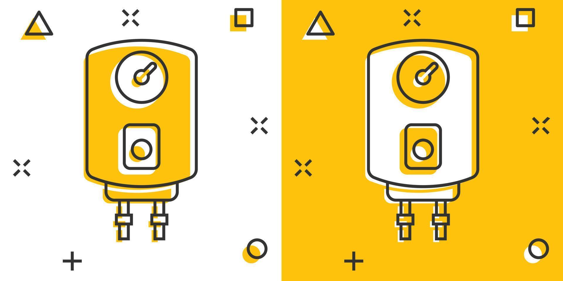 Gas boiler icon in comic style. Heater cartoon vector illustration on isolated background. Boiling splash effect sign business concept.