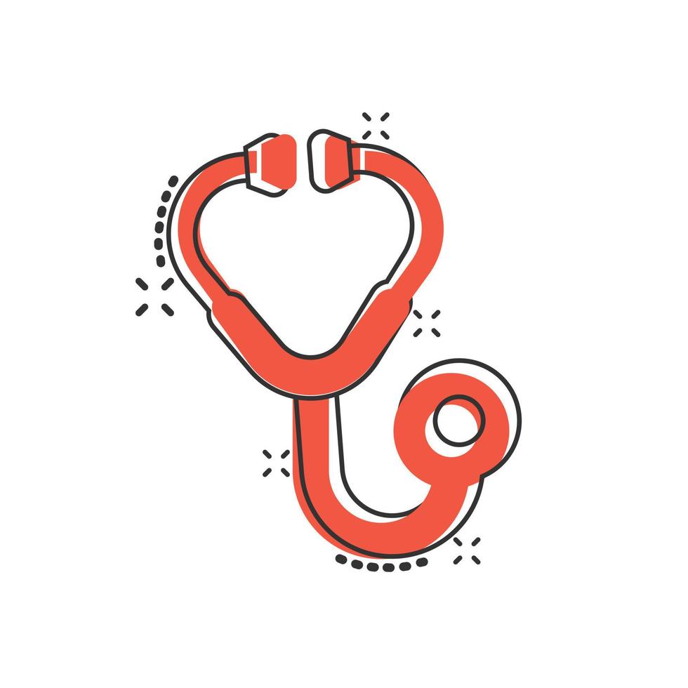 Stethoscope icon in comic style. Heart diagnostic cartoon vector illustration on isolated background. Medicine splash effect sign business concept.