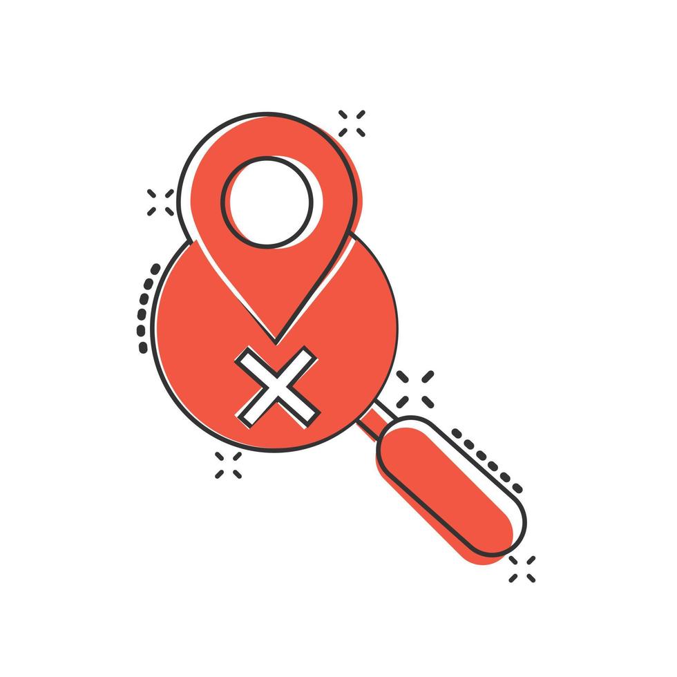 Map pin with magnifier icon in comic style. Gps navigation cartoon vector illustration on white isolated background. Locate position splash effect business concept.